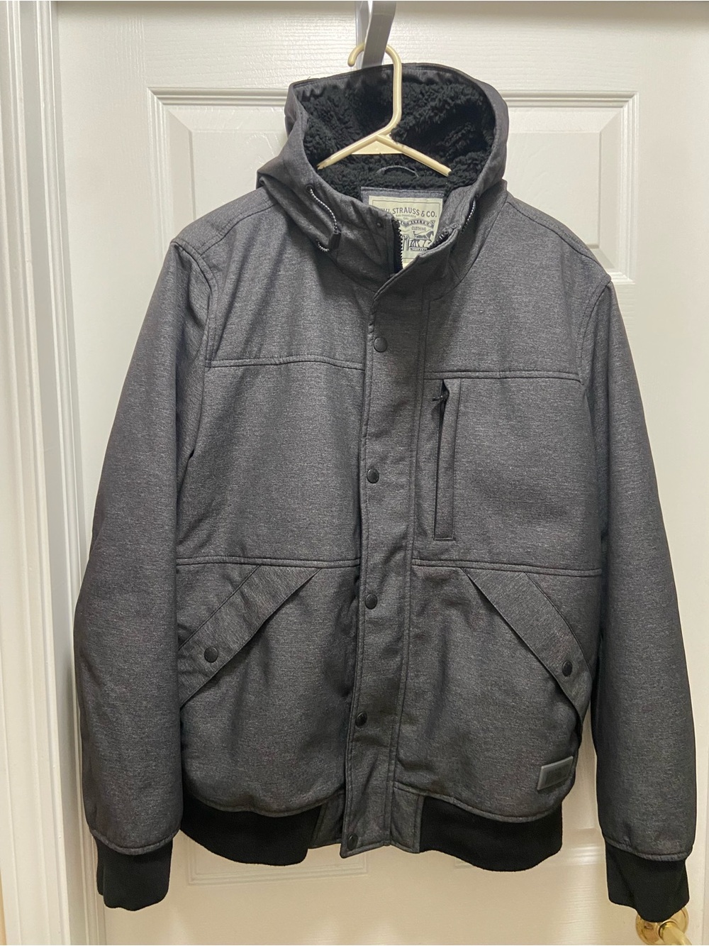 Levi's Men's Soft Shell Sherpa Lined Hooded Bomber Jacket Dark Gray Sz L